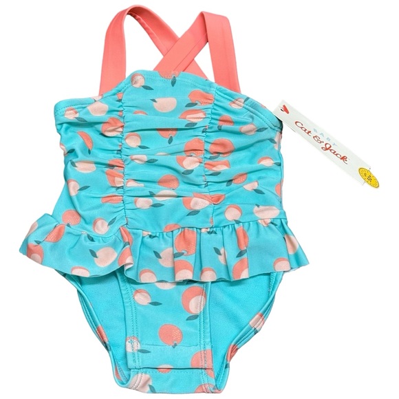 0-3M + 3-6M - Cat & Jack - One Piece Swim Suit with Snaps UPF 50+ NEW - Picture 1 of 4